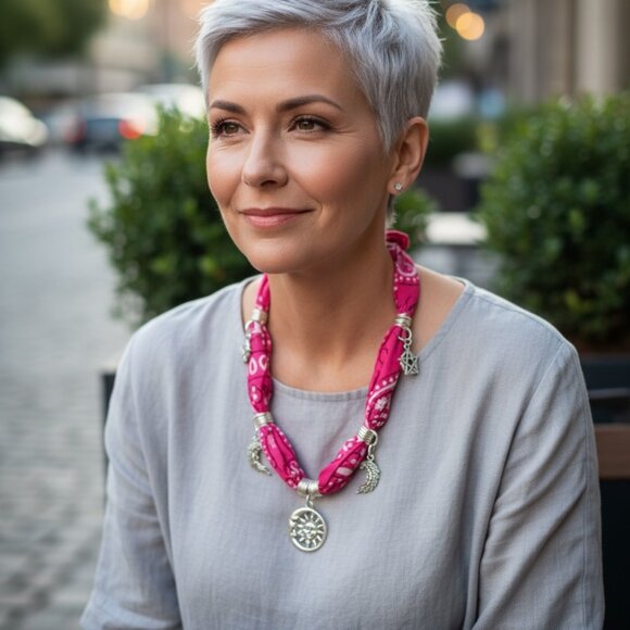 “Moonlight Spirit” Necklace Handcrafted pink bandana necklace with silver charm - Picture 2 of 2
